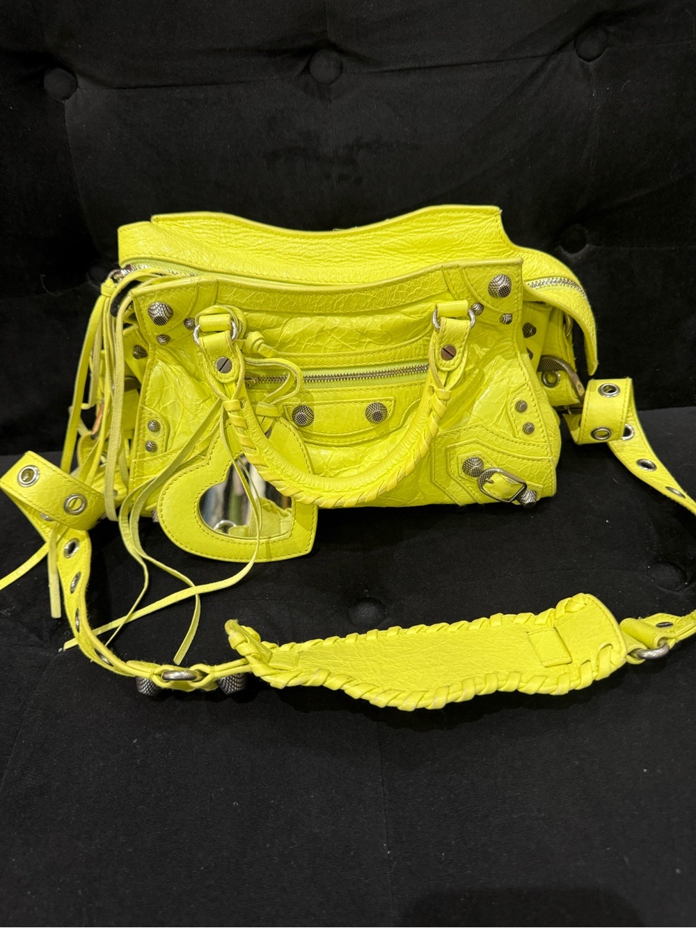 Yellow Studded Leather Satchel Handbag